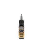 Panthera Tribal XXX Black 30ml bottle, REACH approved, featuring a sleek black design with tribal artwork, for grooming or styling.