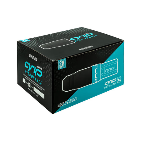 FK Irons Flux Slim disposable foam grip, 28mm size, shown in packaging, designed for comfortable tattoo machine handling.