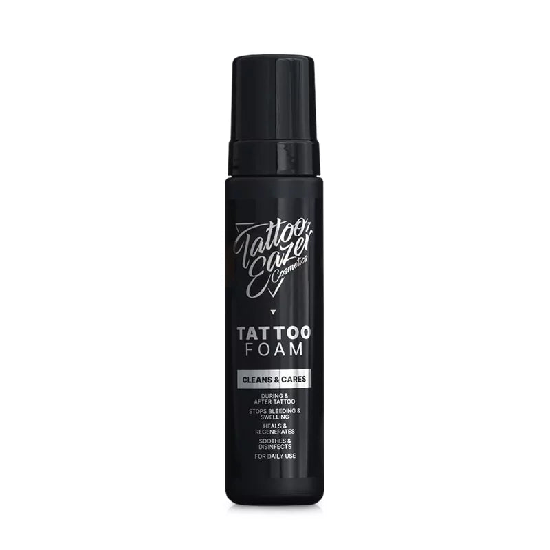 Tattoo Eazer Foam Clean and Care bottle with applicator for tattoo aftercare, featuring a white and green label on a white background.