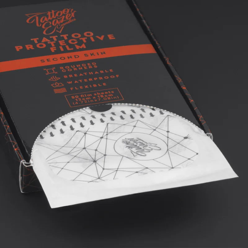 Tattoo Eazer Second Skin Protective Film 12x18cm sheets, clear adhesive film for tattoo aftercare and skin protection.