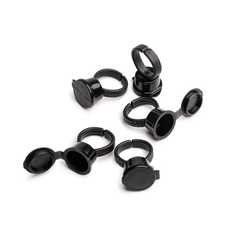 Set of 50 black Perma Ring Cup containers, durable plastic storage cups with lids, ideal for organization and food storage.