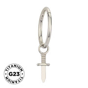 Titanium ring with sword-shaped dangle jewelry, featuring a sleek silver finish and intricate sword design for a modern look.